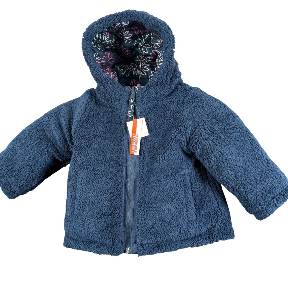 NEW Falls Creek Girls Kids 18M Reversible Jacket Navy Floral Sherpa Puffer Coat - Picture 3 of 7